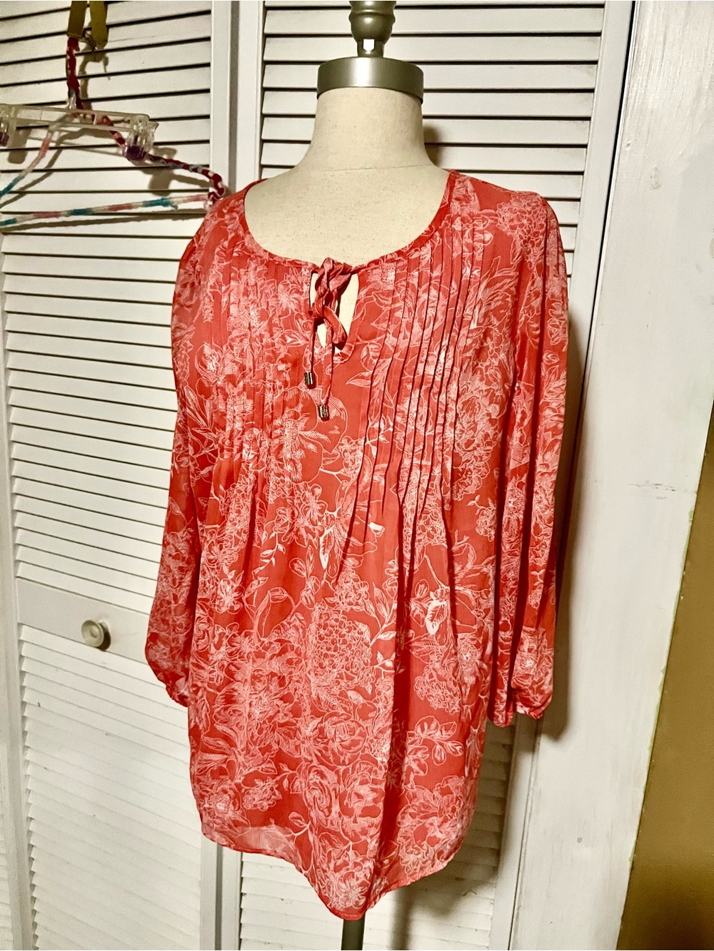 Tommy Hilfiger Coral Floral Pintuck Tie-Neck Tunic